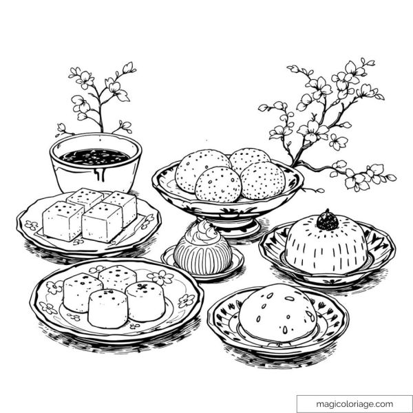 Coloring page of desserts on plates and cherry blossoms.