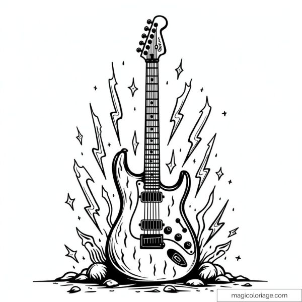 Electric guitar drawing with lightning for creative coloring.