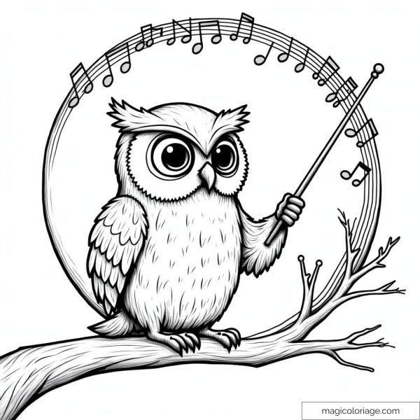 Drawing of an owl conductor with musical notes.