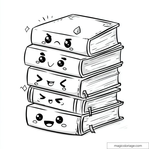 Drawing of stacked books with kawaii faces and various expressions
