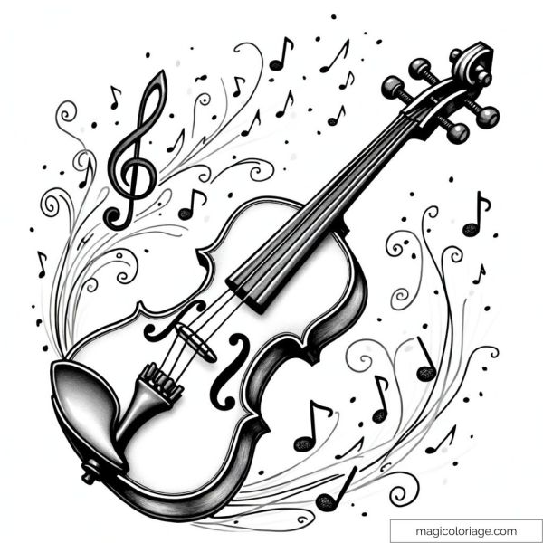 Drawing of a violin with musical notes decoration