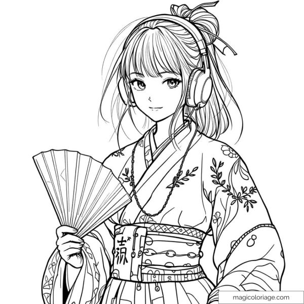 Young woman in kimono with headphones and fan