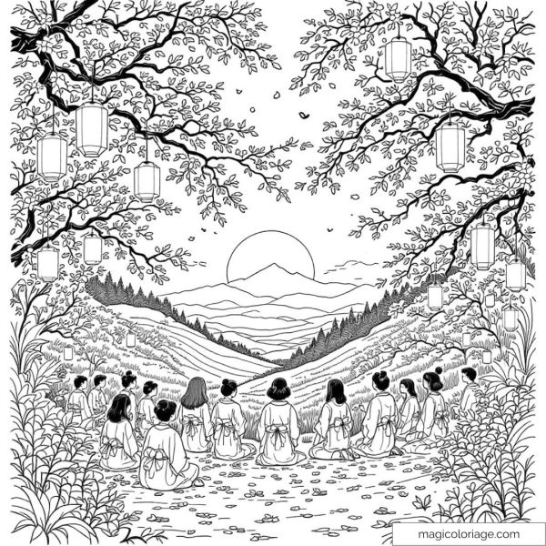 Drawing of group meditating under lanterns in peaceful landscape at sunset