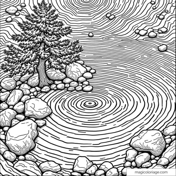 Drawing of a tree and pond with undulating circles