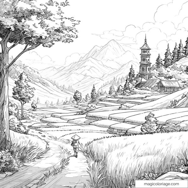 Asian landscape coloring page with rice fields