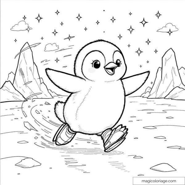 Drawing of a happy penguin on ice under a starry sky.
