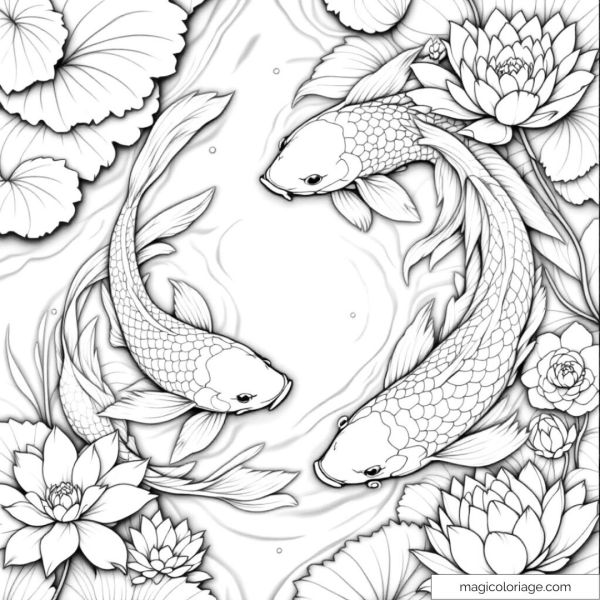 Coloring page of Koi fish surrounded by water lilies in black and white.