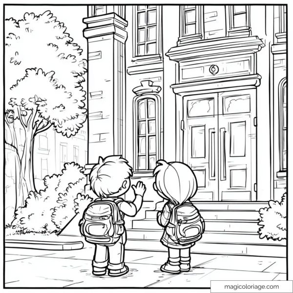 Two children with backpacks in front of school coloring page