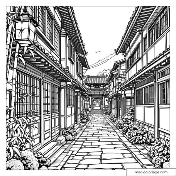 Japanese street with traditional houses and bamboo trees to color