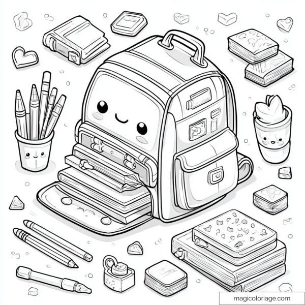Kawaii backpack drawing with school supplies around.