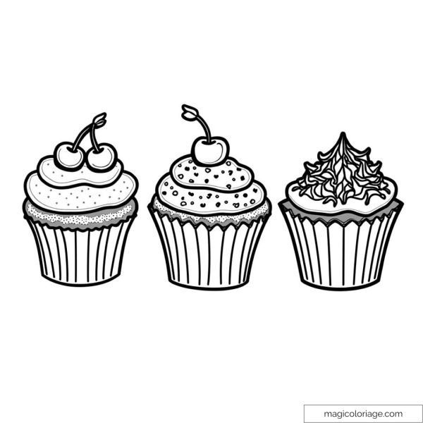 Illustration of three cupcakes with frosting and cherries.