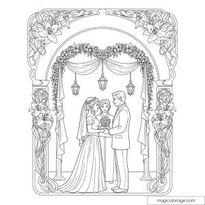 Dessin de mariage avec couple sous arche fleurie à colorier