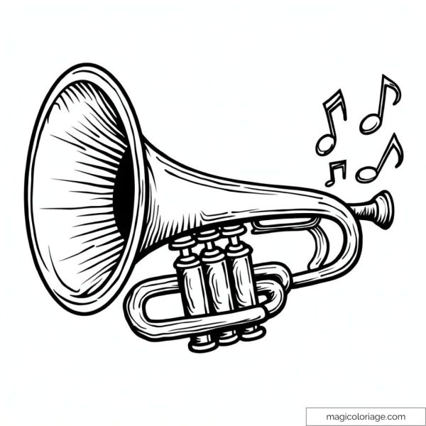 Trumpet drawing with musical notes to color.