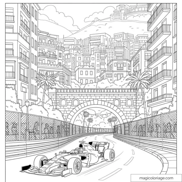Dessin de voiture de course sur un circuit urbain entouré de bâtiments