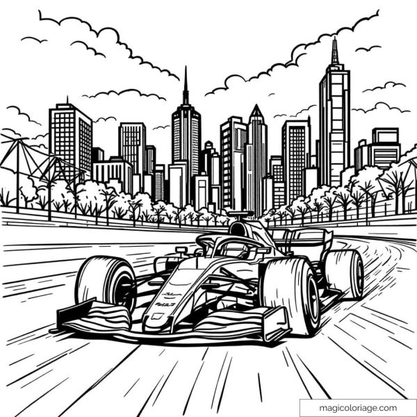 Voiture de course rapide sur circuit urbain devant des gratte-ciels.