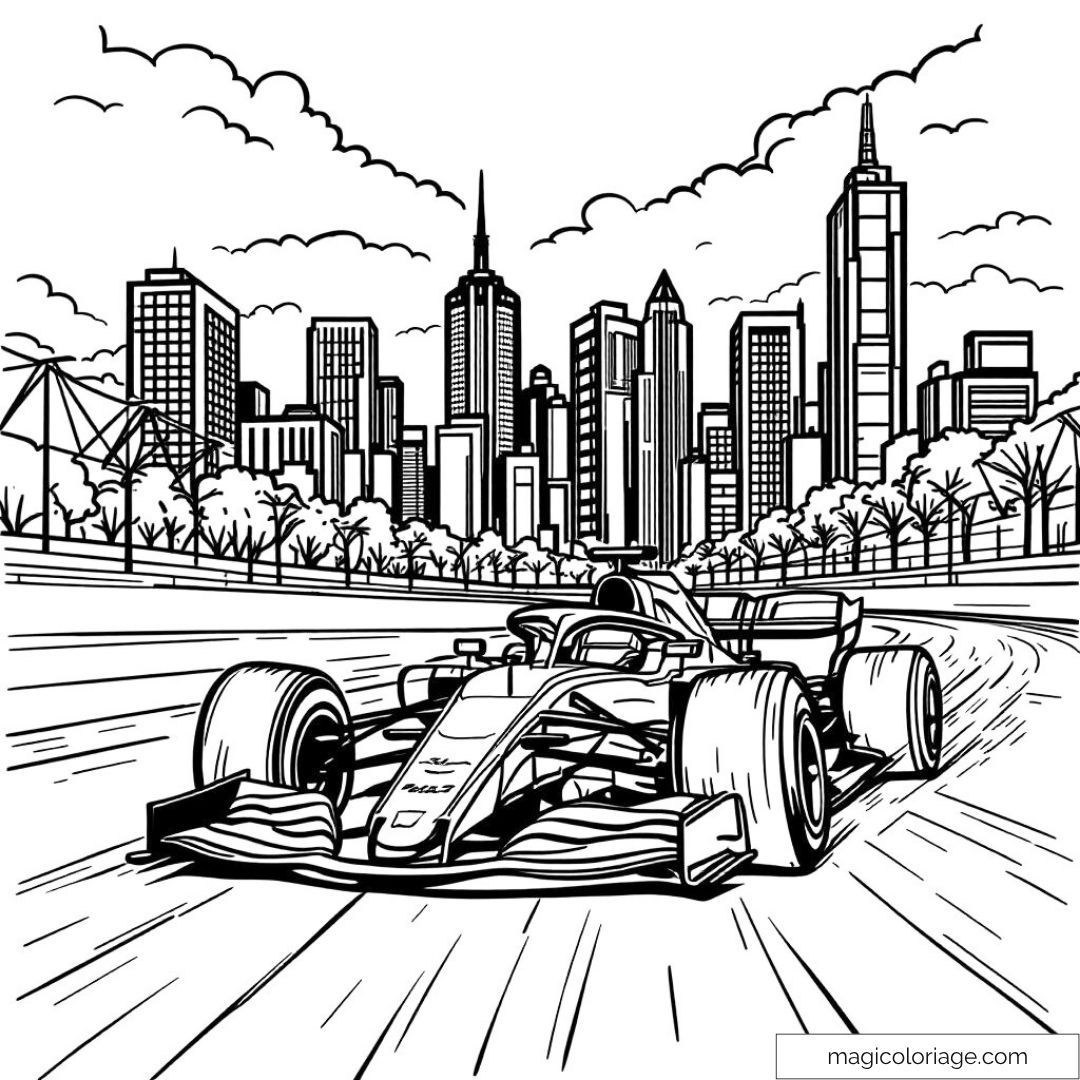 Coloring page of a racing car in a dynamic and modern city