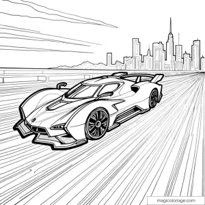 Dessin de voiture de course futuriste sur une route avec skyline en arrière-plan.