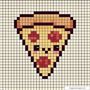 Image de tranche de pizza kawaii en pixel art avec des couleurs vives.