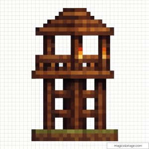 Pixel art tour de guet Minecraft avec torches et détails réalistes.
