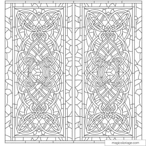 Dessin complexe Art Nouveau avec motifs géométriques intriqués.