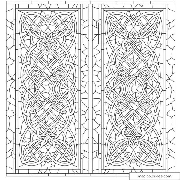 Dessin complexe Art Nouveau avec motifs géométriques intriqués.