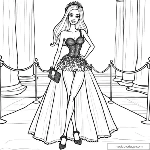 Barbie en robe de gala devant colonnes et cordons luxueux