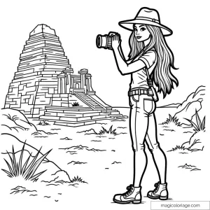 Barbie exploratrice avec appareil photo devant une pyramide.