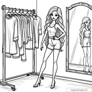 Barbie devant un miroir avec vêtements sur cintres