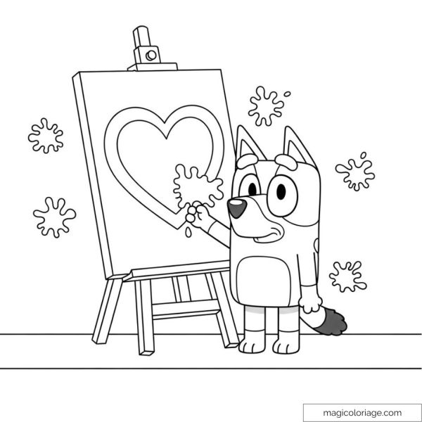 Bluey drawing in front of a canvas with a heart