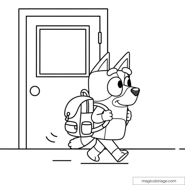 Bluey in front of the school gate with a colored backpack