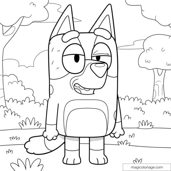 Drawing of Bluey standing in a natural landscape to color.