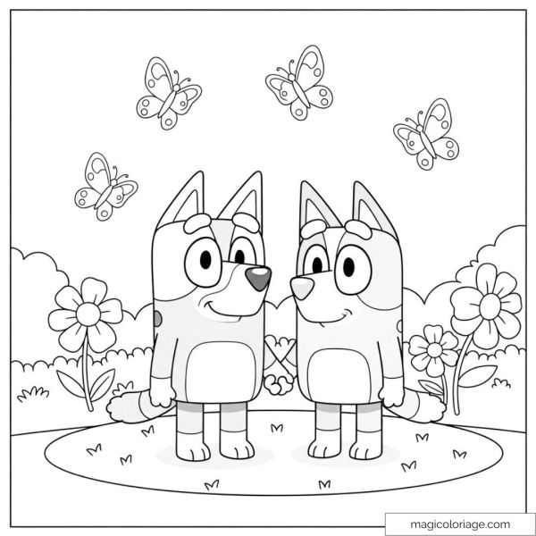 Bluey and cheerful friend with butterflies and flowers in a garden