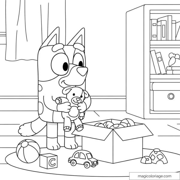 Bluey playing with toys in his room