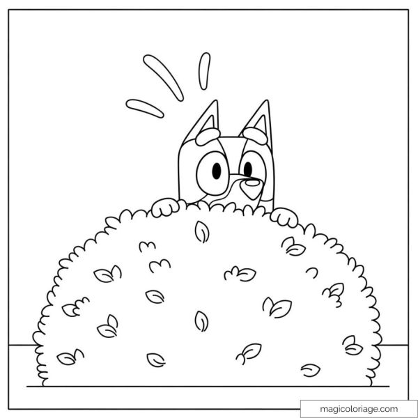 Bluey hidden behind a bush coloring page for kids.
