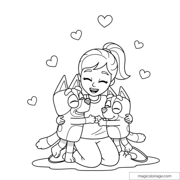 Drawing of Bluey and family hugging surrounded by hearts