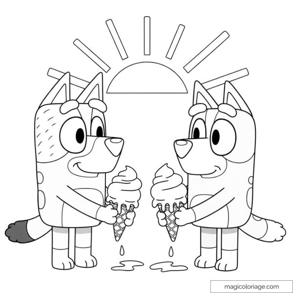 Coloring page of Bluey and Bingo eating ice cream under the sun.