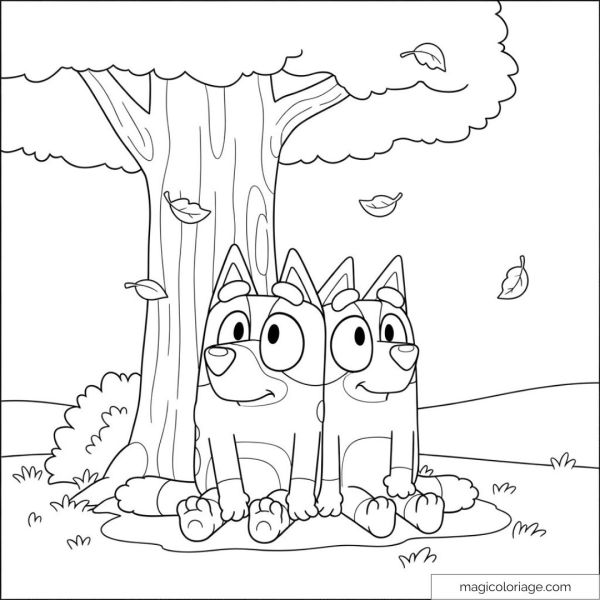 Bluey and Bingo under a tree with falling leaves