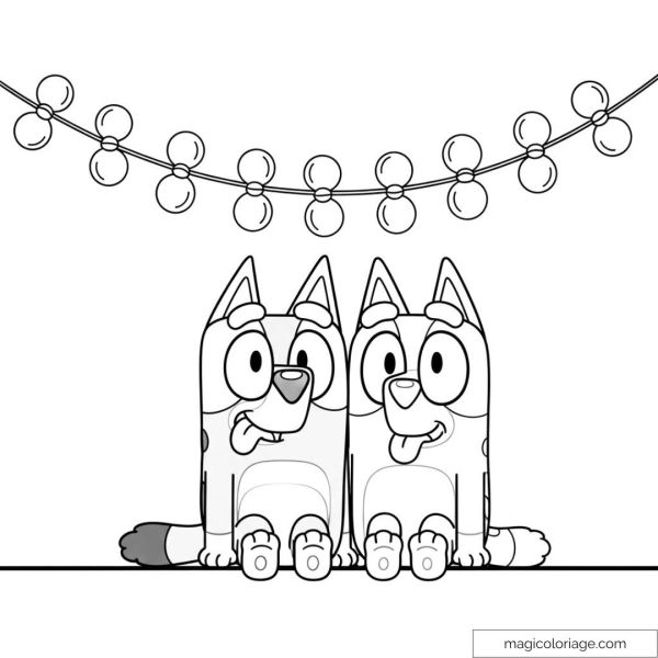 Bluey and Bingo under fairy lights