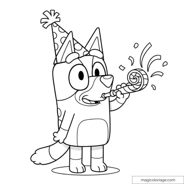 Picture of Bluey at party with pointy hat and whistle