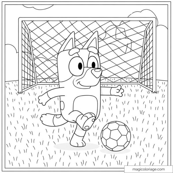 Drawing of Bluey playing football in front of a goal.