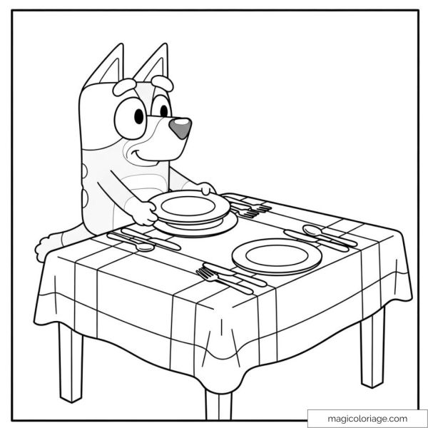 Bluey setting the table with plates and cutlery.
