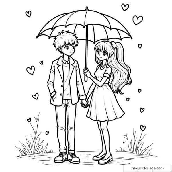 A couple under an umbrella with hearts around it