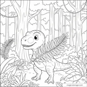 Coloriage de dinosaure souriant dans une forêt avec des fougères.