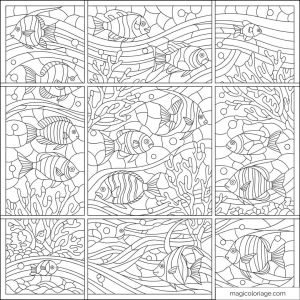 Dessin de fonds marins avec poissons et coraux à colorier.