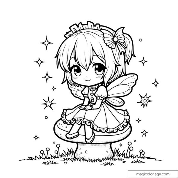 Cute Chibi Fairy Drawing on Mushroom with Sparkling Stars Around