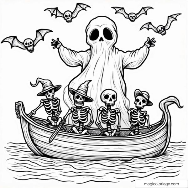 Fantôme et squelettes en barque