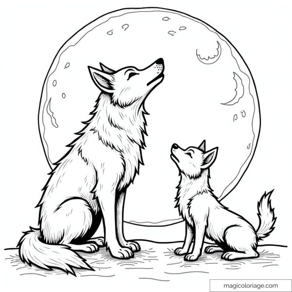Wolves and full moon on a starry background
