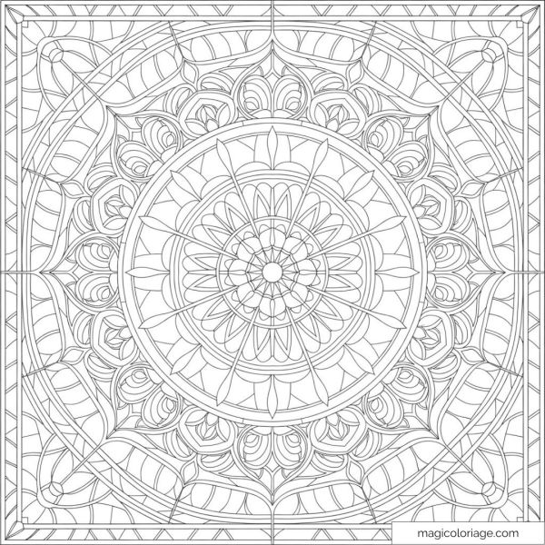 Dessin mandala complexe avec motifs détaillés pour coloriage méditatif.