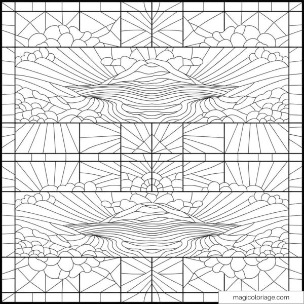 Coucher de soleil mandala avec montagnes et nuages à colorier.