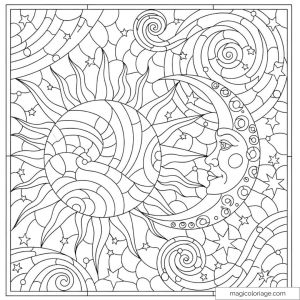 Coloriage mandala soleil et lune détaillé avec étoiles et spirales